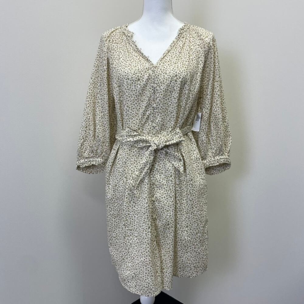 NWOT Old Navy Floral Button Front Tie Waist Mini Dress M Cream Olive Farm Fall